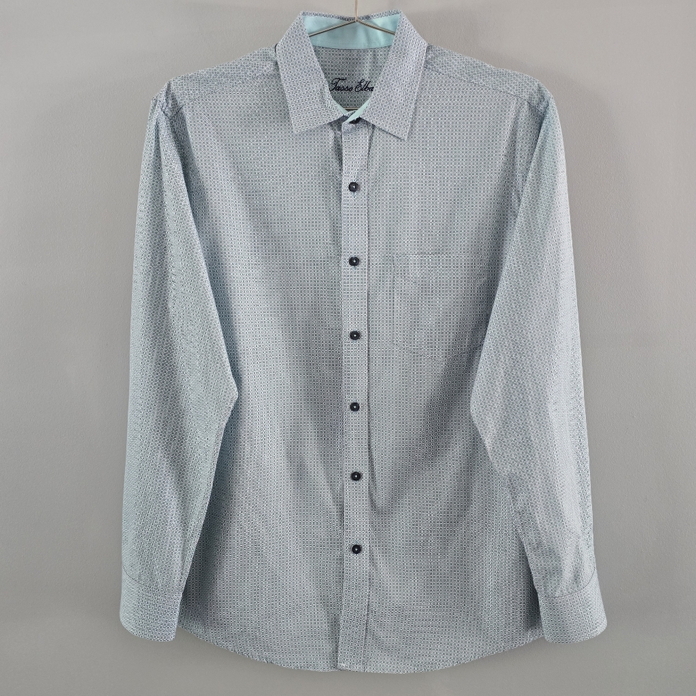Tasso Elba Mens Foulard Button Up Aqua Combo Geometric Print Shirt Size M 15-15½